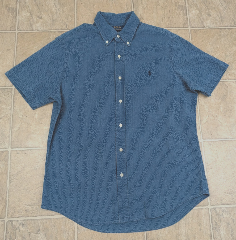 POLO Ralph Lauren men sz L Classic Fit seersucker Shirt faded blue ss btns 1415